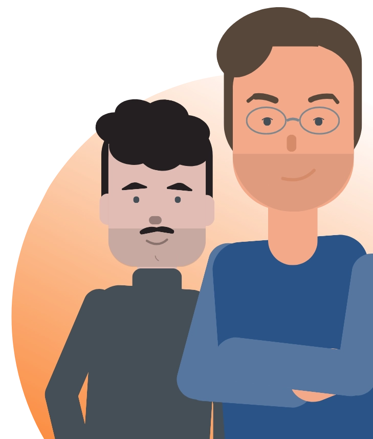 Graphic depicting two male figures, one in the foreground smiling with folded arms, the other slightly behind with a mustache.