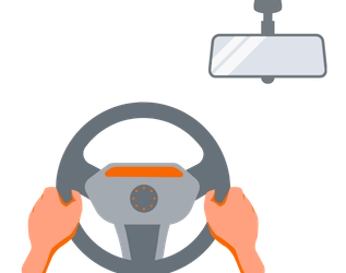 Hands gripping a steering wheel, with a rearview mirror visible above.