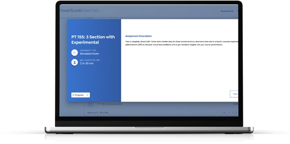 A close-up of a laptop showing the PowerScore Essentials application, highlighting an assignment card for a 'PT 155' exam with its type, duration, and a partial assignment description.
